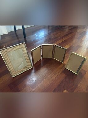 Gold Tone Hinged Folding Photo Frame- 3 panel and two additional metal frame